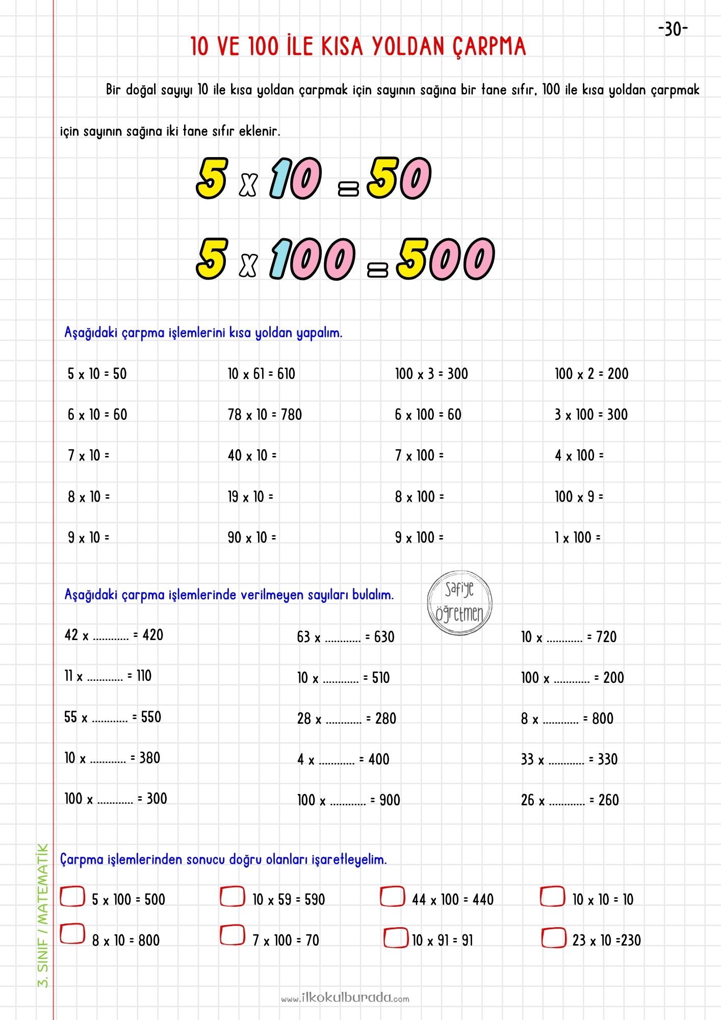 3.Sınıf - 10 ve 100 ile Kısa Yoldan Çarpma İşlemi Defter Notu