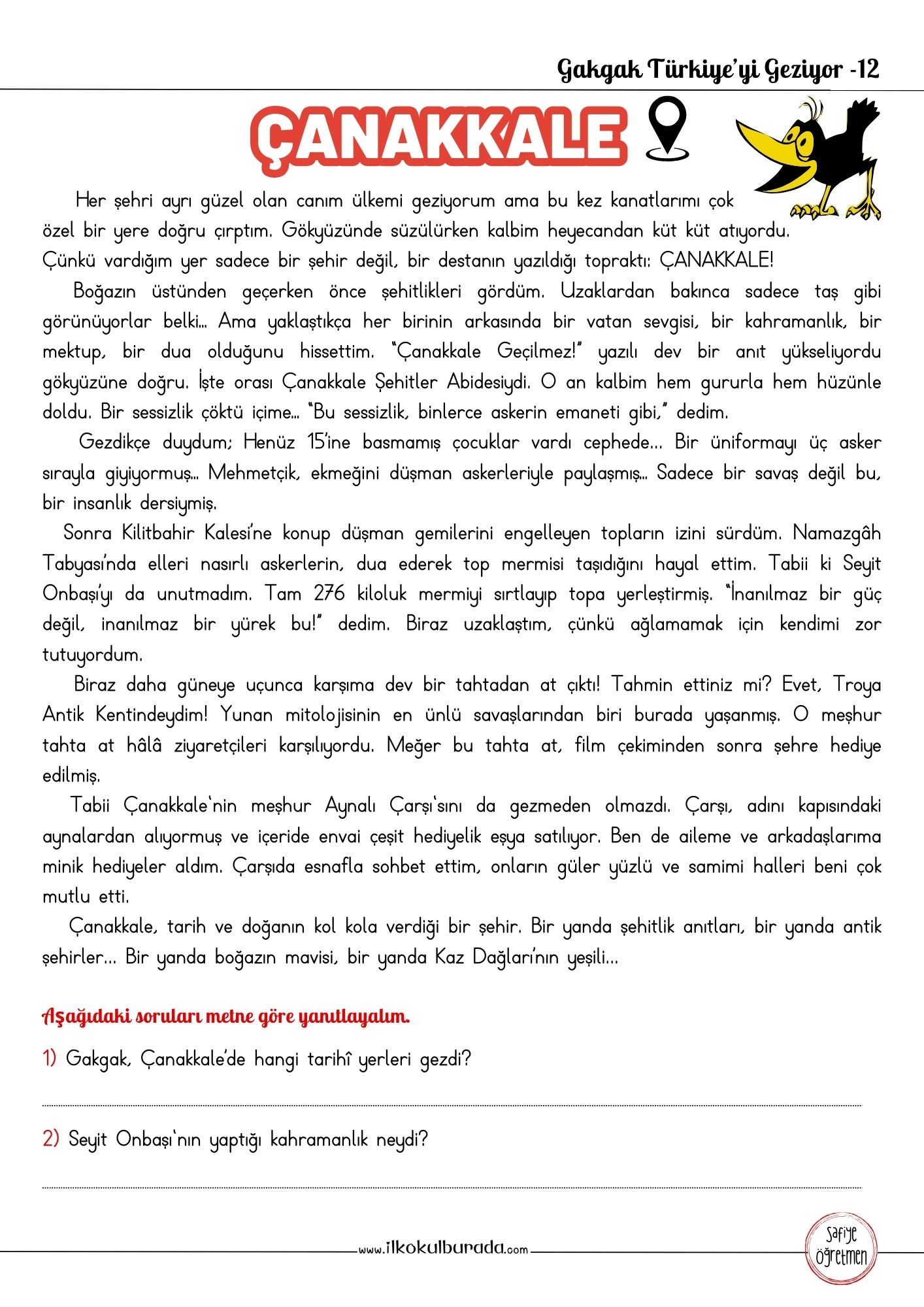 Okuduğunu Anlama Metinleri – Gakgak Türkiye’yi Geziyor: Çanakkale