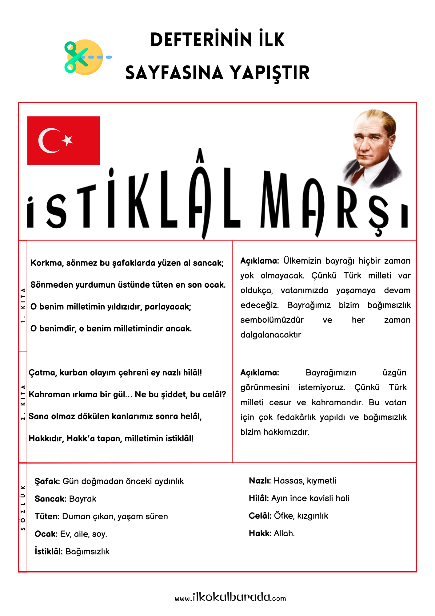 İstiklâl Marşı ve Açıklaması -İlk 2 Kıta- Deftere Yapıştır